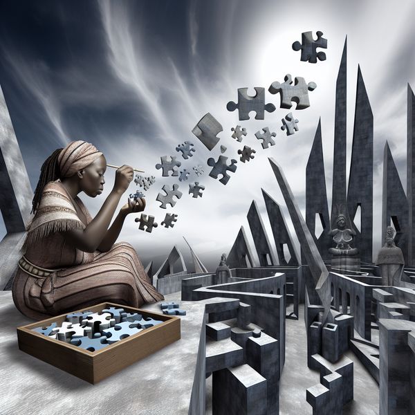 Hyper-realistisch beeld van probleemoplossing in architectuur Een persoon die geconcentreerd een complex puzzel oplost in een minimalistische architecturale omgeving met surrealistische elementen.