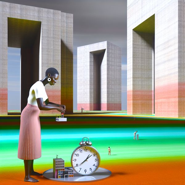 Hyper-realistisch tafereel over tijd in de stijl van Carel Willink Een persoon staat in een minimalistische landschap, bezig met het opruimen van een kleine stapel voorwerpen, terwijl een grote klok '1 minuut' aangeeft; benadrukt de vluchtigheid van tijd.