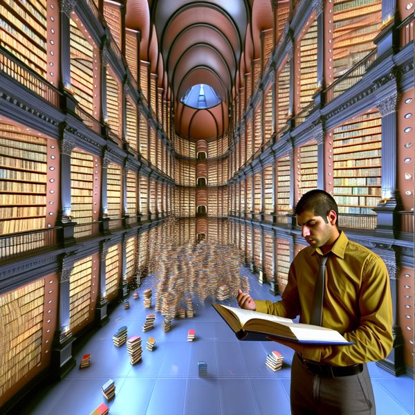 Hyper-realistische bibliotheek met toegang tot kennis Een persoon staat voor een grote bibliotheek met torenhoge boekenkasten en kijkt nadenkend naar een open boek in zijn hand.
