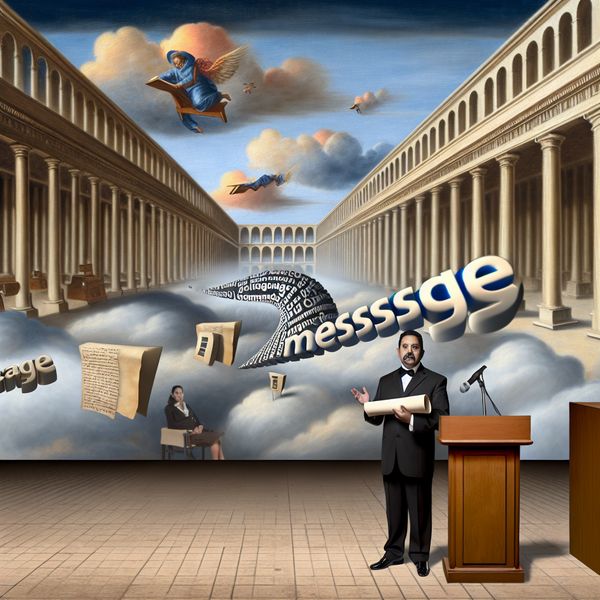Hyper-realistische collegezaal met het woord boodschap Een hyper-realistisch tafereel van een spreker bij een podium in een surrealistische collegezaal, met het woord 'boodschap' in zijn hand.