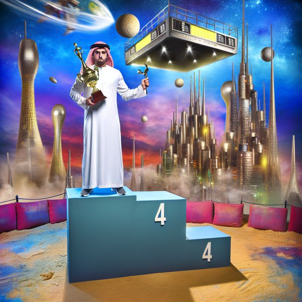Surrealistische Competitie - Speler op '4de Plaats' met Trofee Een hyper-realistische afbeelding van een speler op een podium met het label '4de plaats', die een trofee vasthoudt in een surrealistische competitieomgeving met vervormde gebouwen op de achtergrond.