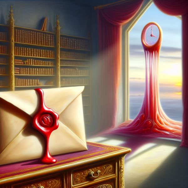 Hyper-realistische envelop met waszegel op klassiek bureau Een hyper-realistisch beeld van een verzegelde envelop op een klassieke bureau met een rode waszegel.