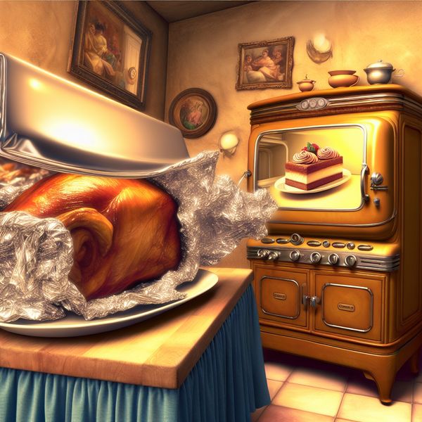 Hyper-realistische keuken met voedselverpakking Een hyper-realist scene van een keuken met voedsel dat in glanzend folie wordt gewikkeld, met een vintage koelkast op de achtergrond