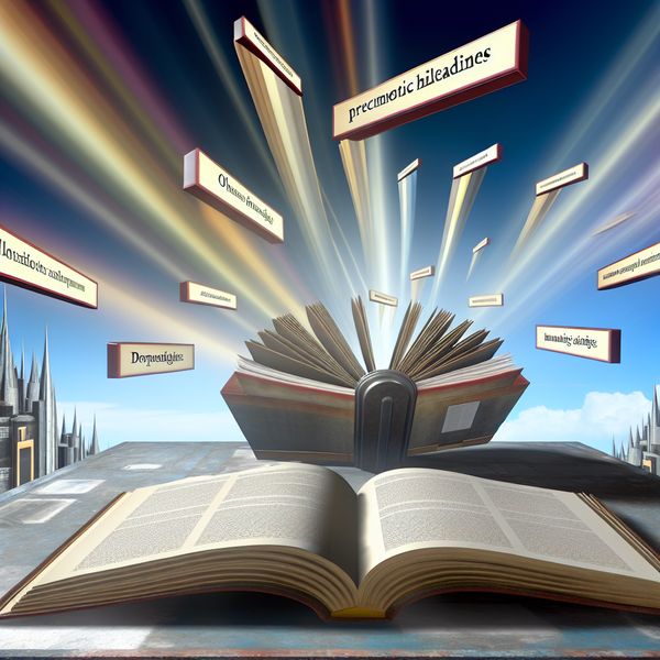 Een hyper-realistisch tafereel van een open rapport op een surrealistische tafel, met zwevende koppen boven de pagina's.