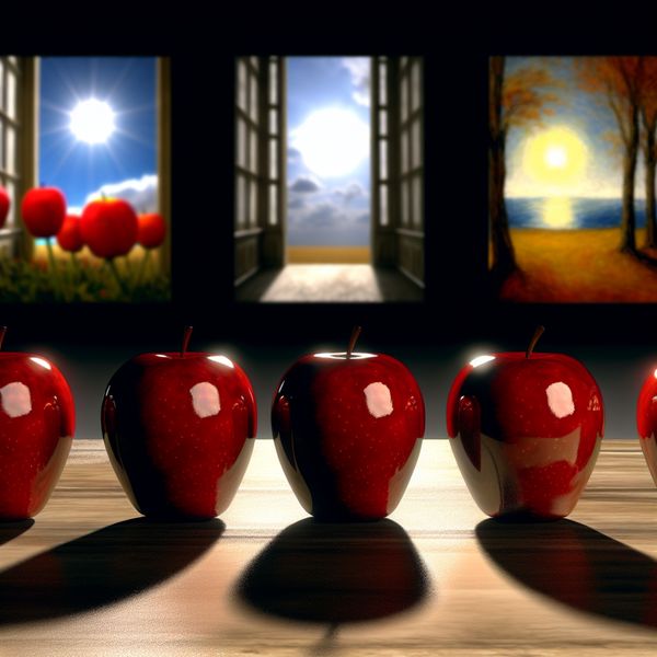 Hyper-realistische rode appels op een houten tafel met seizoensschilderijen Een hyper-realistisch beeld van vier glanzende rode appels op een gepolijste houten tafel, met dramatische verlichting die schaduwen werpt. Op de achtergrond zijn schilderijen van de vier seizoenen.
