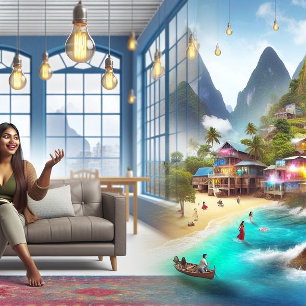 Surrealistische voorstelling van de perfecte vakantie Een jonge vrouw in een gezellige woonkamer die haar visie op de perfecte vakantie beschrijft, omringd door surrealistische elementen als een tropisch strand en bergen.