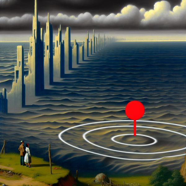 Hyper-realistische tijdlijn afbeelding voor taal leren Hyper-realistische afbeelding van een tijdlijn in een dramatisch landschap met een rode stip die een belangrijk moment symboliseert, omringd door surrealistische wolkenkrabbers.