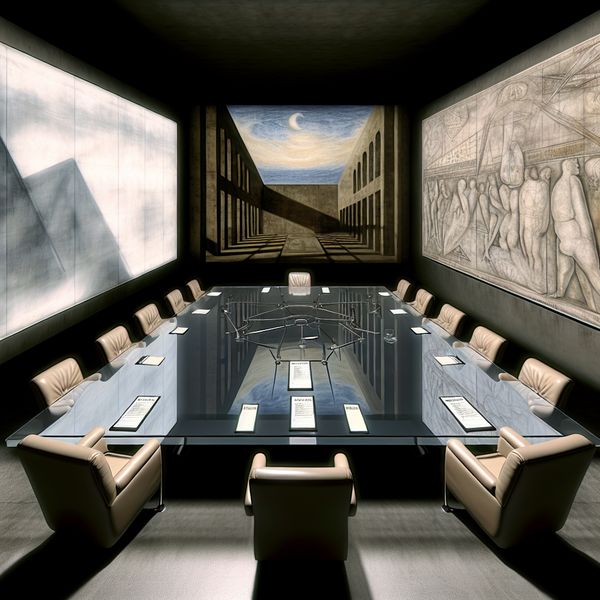 Hyper-realistisch conference room met glazen tafel, agenda en abstracte kunst.
