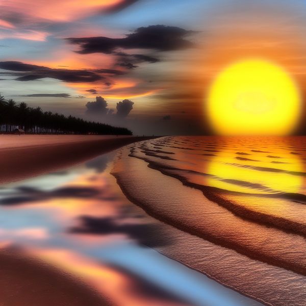 Hyper-realistische zonsondergang op het strand Een hyper-realistisch beeld van een zonsondergang op een serene strand met een grote, felgekleurde zon die onder de horizon zakt.