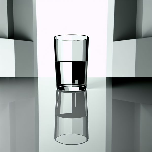 Hyperrealistisch Beeld van Halfvol Glas op Reflecterend Oppervlak Een hyperrealistisch, surrealistisch beeld van een halfvol glas op een spiegelend oppervlak