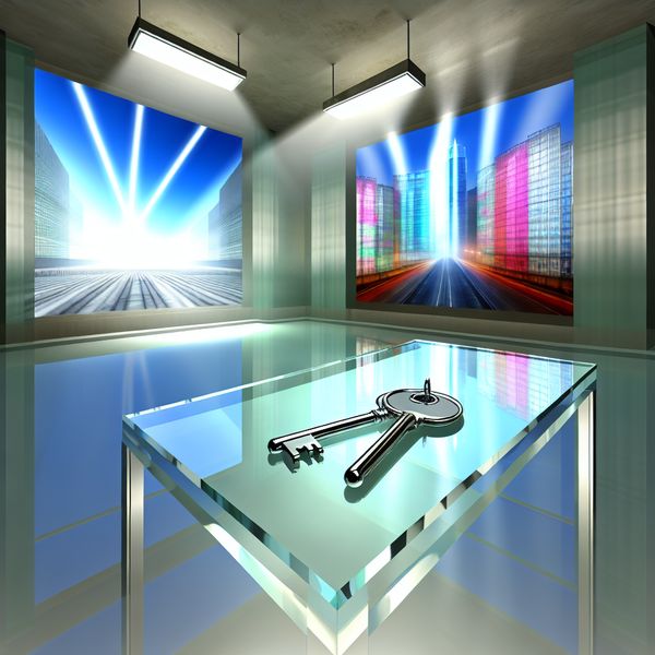 Hyperrealistisch interieur met sleutels en stadslandschap Een hyperrealistisch interieur met een glazen tafel en een set sleutels, omringd door een stadslandschap