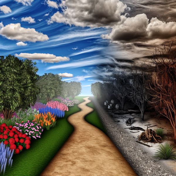 Hyperrealistisch landschap met tegenstellingen en keuzes Een hyperrealistisch landschap met twee paden die divergente keuzes symboliseren: een verlichte tuin vol kleurige bloemen en een schaduwrijke weg met verwelkte planten.