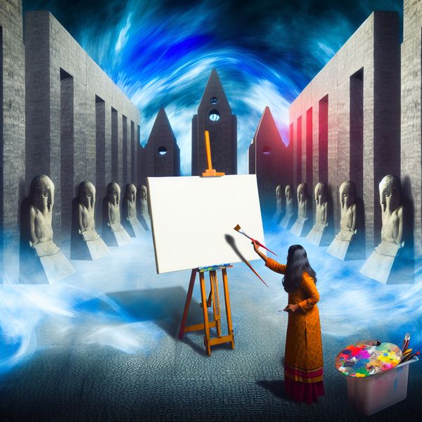 Hyperrealistische Schilderij van een Kunstenaar met Leeg Canvas Hyperrealistisch schilderij met een kunstenaar die een penseel vasthoudt voor een leeg canvas, geplaatst tegen een surrealistische achtergrond van indrukwekkende architectuur.