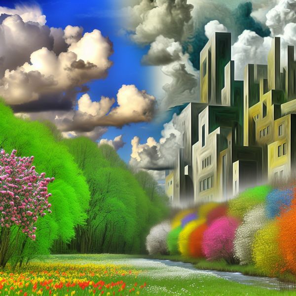 Een hyperrealistisch surrealistisch landschap met bloeiende bloemen en monumentale structuren, geïnspireerd door Carel Willink.