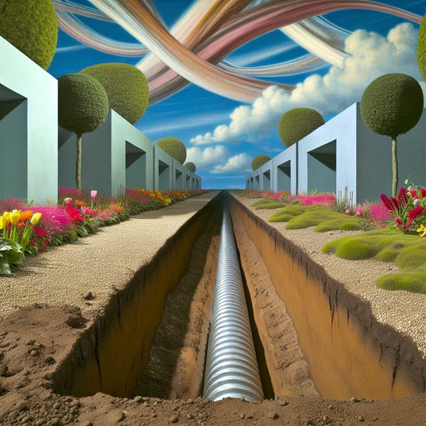 Hyperrealistisch Tuinlandschap met Drainage Geul Hyperrealistisch landschap met een zorgvuldig ontworpen tuin en een net gegraven drainagegeul om overtollig water af te voeren, omgeven door kleurrijke bloemen en planten.