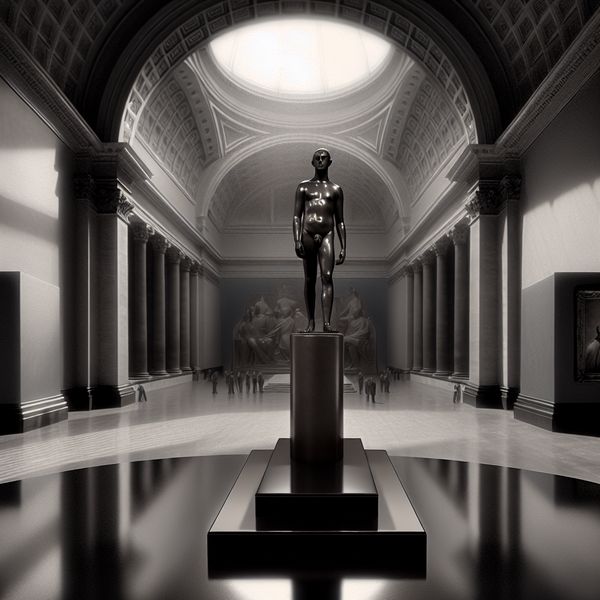 Hyperrealistisch wassen beeld van een beroemdheid in een museumzaal met monumentale architectuur, gemaakt in surrealistische stijl