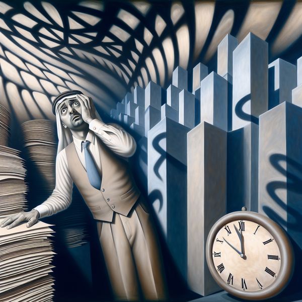 Surrealistische werkdag: tijd en stress in hyperrealistisch kantoor Hyperrealistisch schilderij van een vermoeide man in pak omringd door torenhoge stapels papier en klokken met snel draaiende wijzers, symboliserend een drukke werkdag