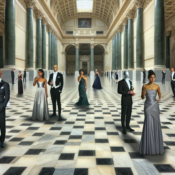 Hyperrealistische feestscène met monumentale architectuur en weinig aanwezigen