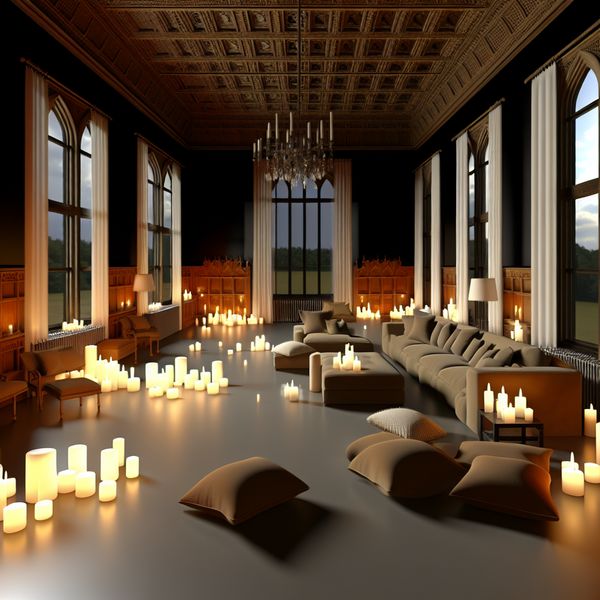Gezellige Woonkamer in Willink-stijl met Kaarslicht Gezellige woonkamer in hyperrealistische stijl van Carel Willink, met warme lichten en kaarsen