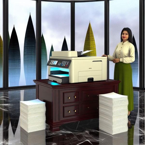 Functionerende Hyperrealistische Kantoorprinter in Carel Willink Stijl Hyperrealistisch kantoor met printer op houten tafel en glazen ramen met monumentale gebouwen