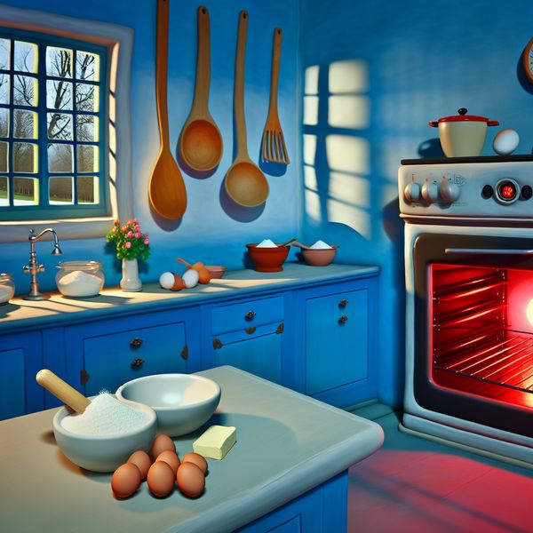 Hyperrealistische Keukenvoorbereiding met Oven Hyperrealistische keuken met oven en ingrediënten voor deeg