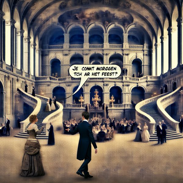 Hyperrealistische Sociale Bijeenkomst Carel Willink Stijl Hyperrealistisch tafereel van een sociale bijeenkomst in een monumentale architectuur met vooraan een persoon die naar een gast vraagt 'Je komt morgen toch naar het feest?'
