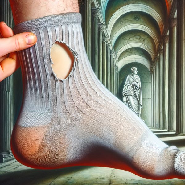 Close-up van een voet met een sok met een gat bij de grote teen, hyperrealistisch surrealistisch schilderij in de stijl van Carel Willink