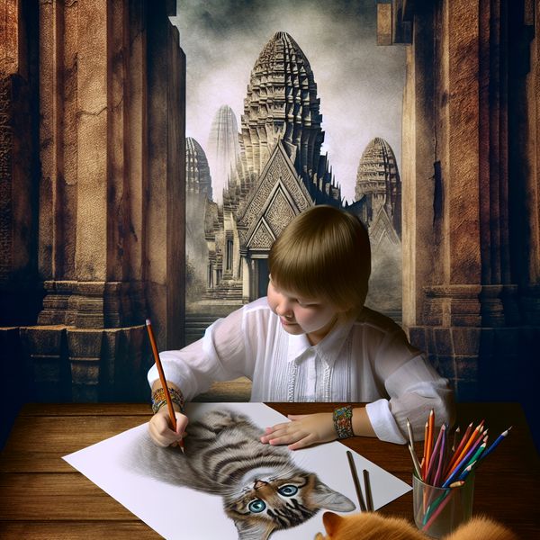 Jong meisje tekent met kleurpotloden een hyperrealistisch kat op papier aan een houten tafel, omgeven door surrealistische architectuur in de stijl van Carel Willink