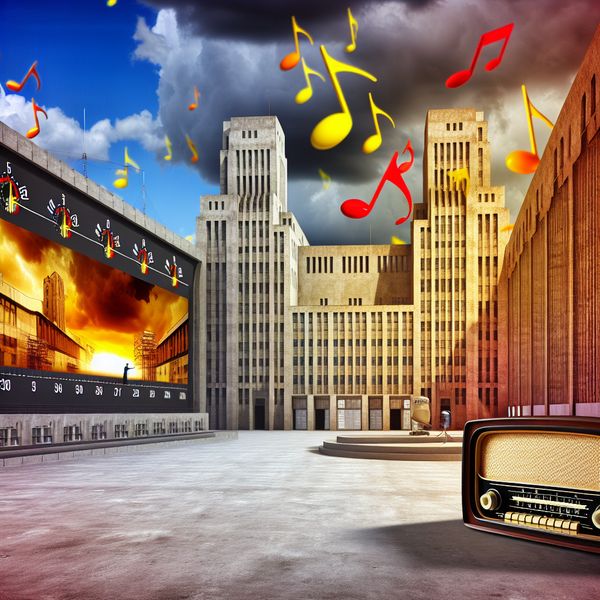 Hyperrealistische televisiestudio met weerberichten en radio Hyperrealistische afbeelding van een moderne televisiestudio met weerberichten en een klassieke radio die muziek speelt.