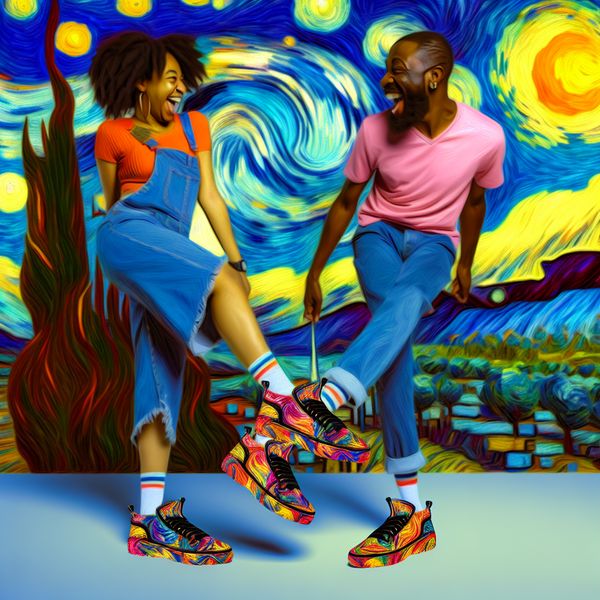 Identieke kleurrijke schoenen in Van Gogh-stijl Twee mensen staan zij aan zij met identieke kleurrijke schoenen, glimlachend en naar hun voeten wijzend, tegen een levendige achtergrond in de stijl van Van Gogh.