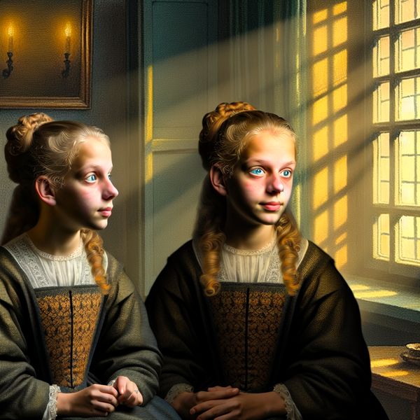 Identieke tweelingzusters in serene kamer Twee eeneiige zusters met blauwe ogen zitten in een gezellig verlichte kamer, delen een intieme moment.