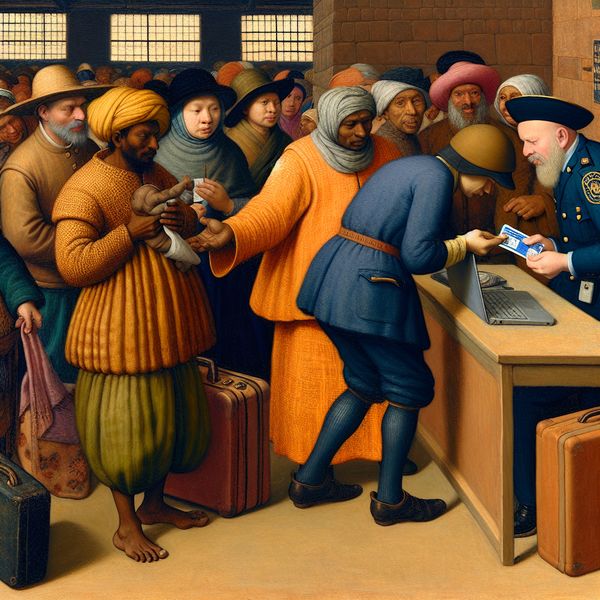 Reiziger overhandigt identificatiepas aan douanebeambte in levendige scène in de stijl van Jan Steen