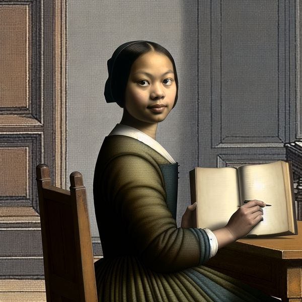Portret van een jonge universiteitsstudent die zelfverzekerd aan een schrijftafel zit met een studieboek.