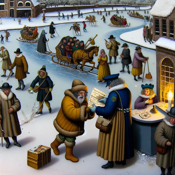 Historische winterscène met grenscontrole waar een persoon zijn identiteitsbewijs toont aan een bewaker bij een besneeuwde ingang
