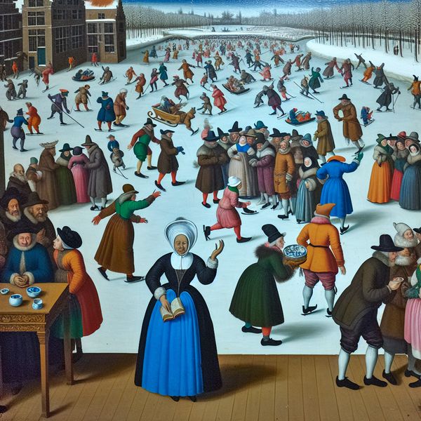 Iemand met kennis in een winterse taferel - Nederlandse taal en cultuur Levendige wintertafereel op een bevroren kanaal met een groep mensen, waarbij één persoon met een kenmerkende hoed en boek opvalt als iemand met expertise in het Nederlands