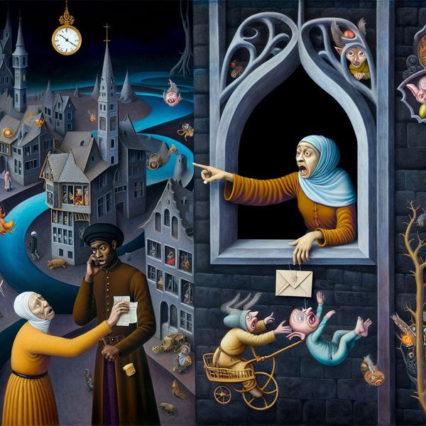 Surrealistisch tafereel in de stijl van Jheronimus Bosch waarin een buurman dramatisch wijst naar een postbode om iemand tijdig te waarschuwen, met bizarre wezens en symbolische elementen zoals klokken en bellen