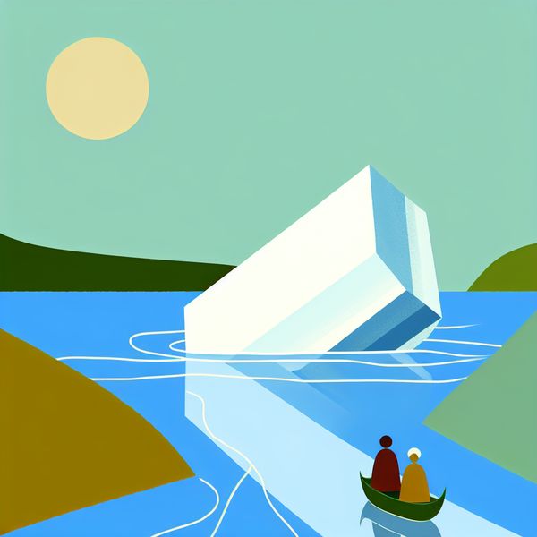 Minimalistisch IJsblok in een Rivier Een groot, wit ijsblok drijft op een rustige blauwe rivier, met kinderen aan de oever.