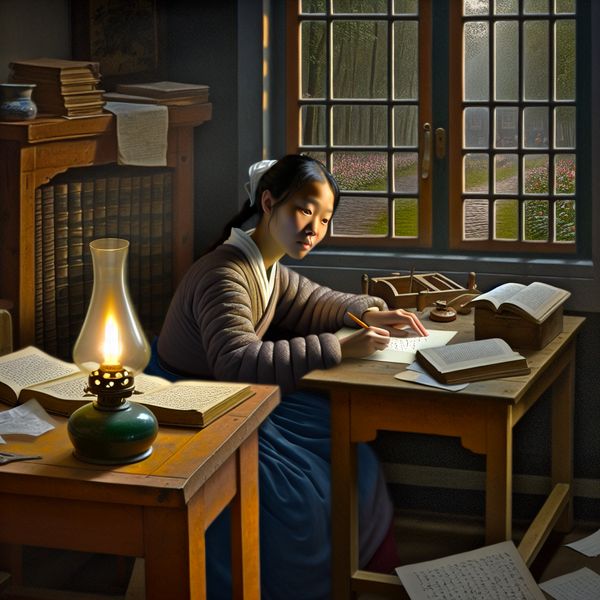 Een jonge, geconcentreerde werknemer zit aan een bureau in een zacht verlichte kamer, omringd door papieren en boeken, met een gloeiende olielamp.