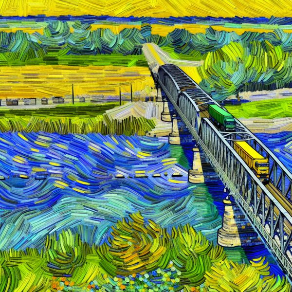 Sterke ijzeren brug over schilderachtige rivier Robuuste ijzeren brug overspannend een schilderachtige rivier met zware vrachtwagens die eroverheen rijden.