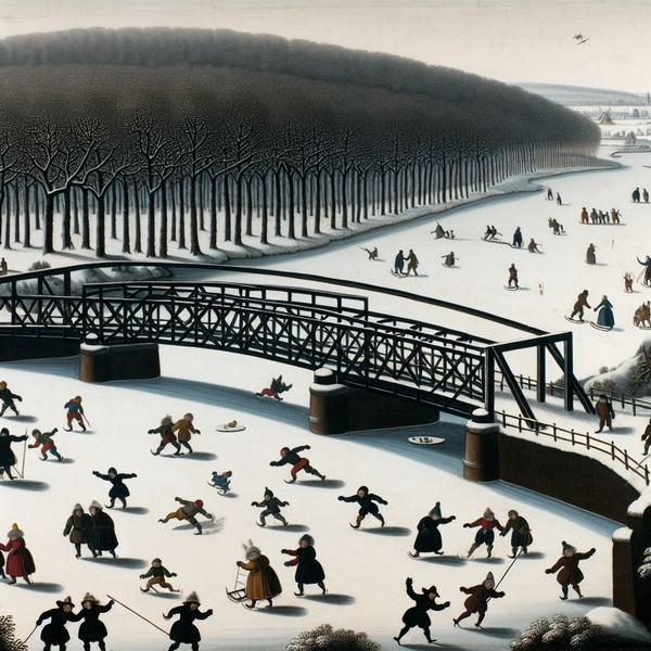 IJzeren Brug in Winterlandschap met Activiteiten Een ijzeren brug over een bevroren rivier in een winterlandschap met mensen die schaatsen en spelen.