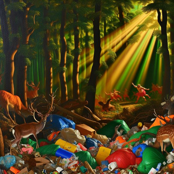 Scène van een dicht bos met illegalen afvaldumping, inclusief plastic en karton, terwijl dieren nieuwsgierig de rommel benaderen en een groep mensen bezig is met opruimen.