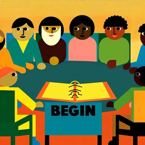 Illustratie van een Diverse Groep Mensen die Startklaar zijn voor een Activiteit Een kleurrijke en minimalistische illustratie van een diverse groep mensen die rond een tafel zitten met enthousiaste gezichten, kijkend naar een open planner met het woord 'Begin' in vette letters.