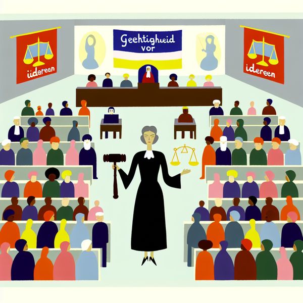 Illustratie van een rechtszaal: Gerechtigheid voor Iedereen Een illustratie van een rechtszaal met een diverse groep mensen die samenkomen voor gerechtigheid, met een rechter en symbolen van rechtvaardigheid.