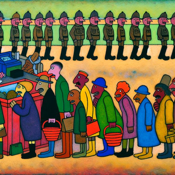 Illustratie van 'rij' - betekenis en gebruik in het Nederlands voor taalstudenten Kleurrijke cartoonachtige rij van diverse personages die in de rij staan bij een oude kassa, met marcherende soldaten op de achtergrond ter illustratie van het woord 'rij'