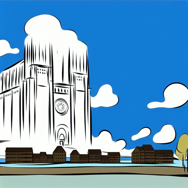 Imposant Gebouw in Cartoonstijl met Scherpe Kleuren Groot en imposant gebouw boven kleinere gebouwen in cartoonstijl