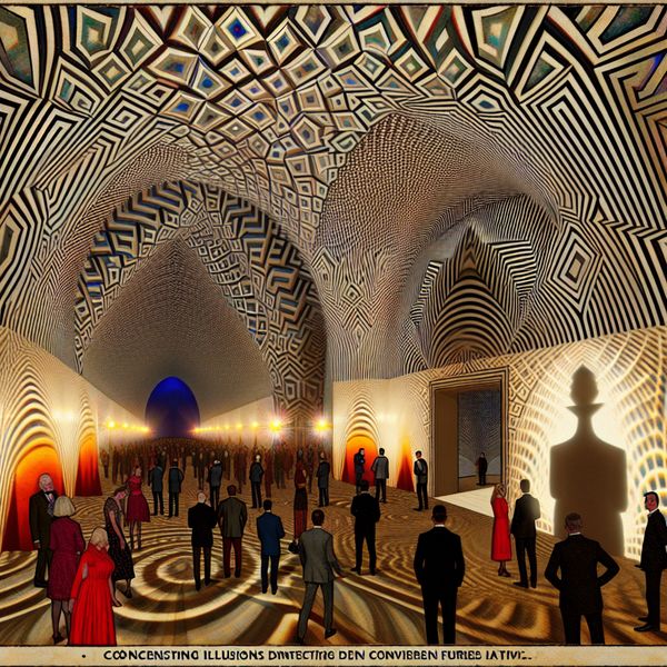 Een surrealistische en geometrische weergave van een indrukwekkende lobby met intricatien van M.C. Escher, inclusief elegante gasten en complexe schaduwen.