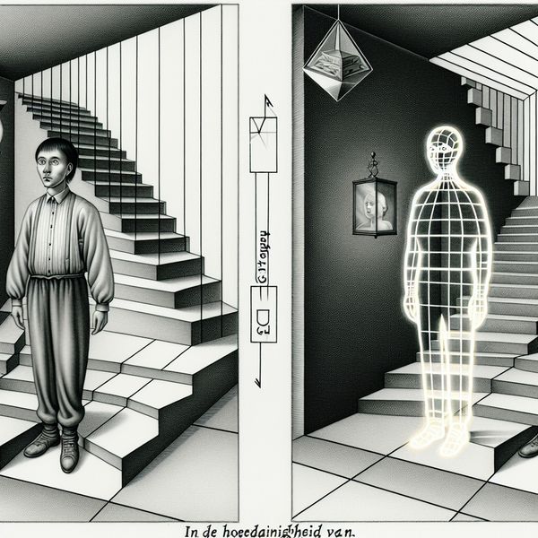 Optische illusie rechtbank: functie en rol in juridische hoedanigheid Surrealistische rechtbankscène in de stijl van M.C. Escher met een persoon die splitst in een gewoon individu en een transparante getuige, symboliserend 'in de hoedanigheid van'