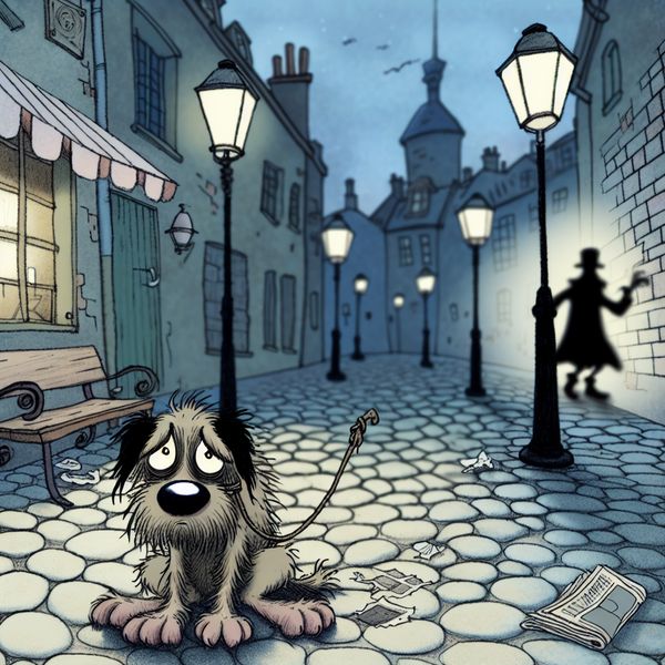 In de steek laten: illustratie van verlating en verwaarlozing in cartoonstijl Trieste, verfomfaaide cartoonhond alleen op een kasseistraat bij schemering, verlaten met gescheurde riem, terwijl eigenaar in de verte wegloopt