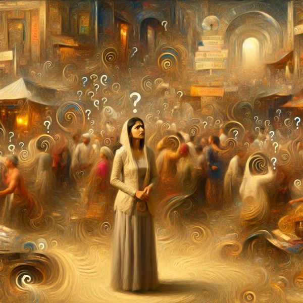 In de war raken in een nieuwe toestand: nostalgische marktchaos Verward persoon in een drukke, nostalgische markt vol chaos en details, geïnspireerd op Anton Pieck, die overweldigd raakt in een nieuwe situatie