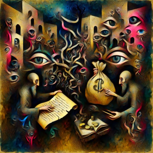 Illegale transactie in surrealistisch schilderij - zwartwerken en verboden handel Surrealistische marktscène in de stijl van Jheronimus Bosch met twee figuren die in het geheim geld uitwisselen, symbolisch voor zwartwerken of illegale transacties